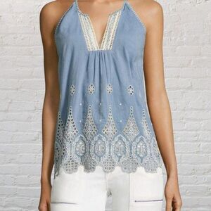 Joie Blue Sleeveless Blouse with White Embroidery